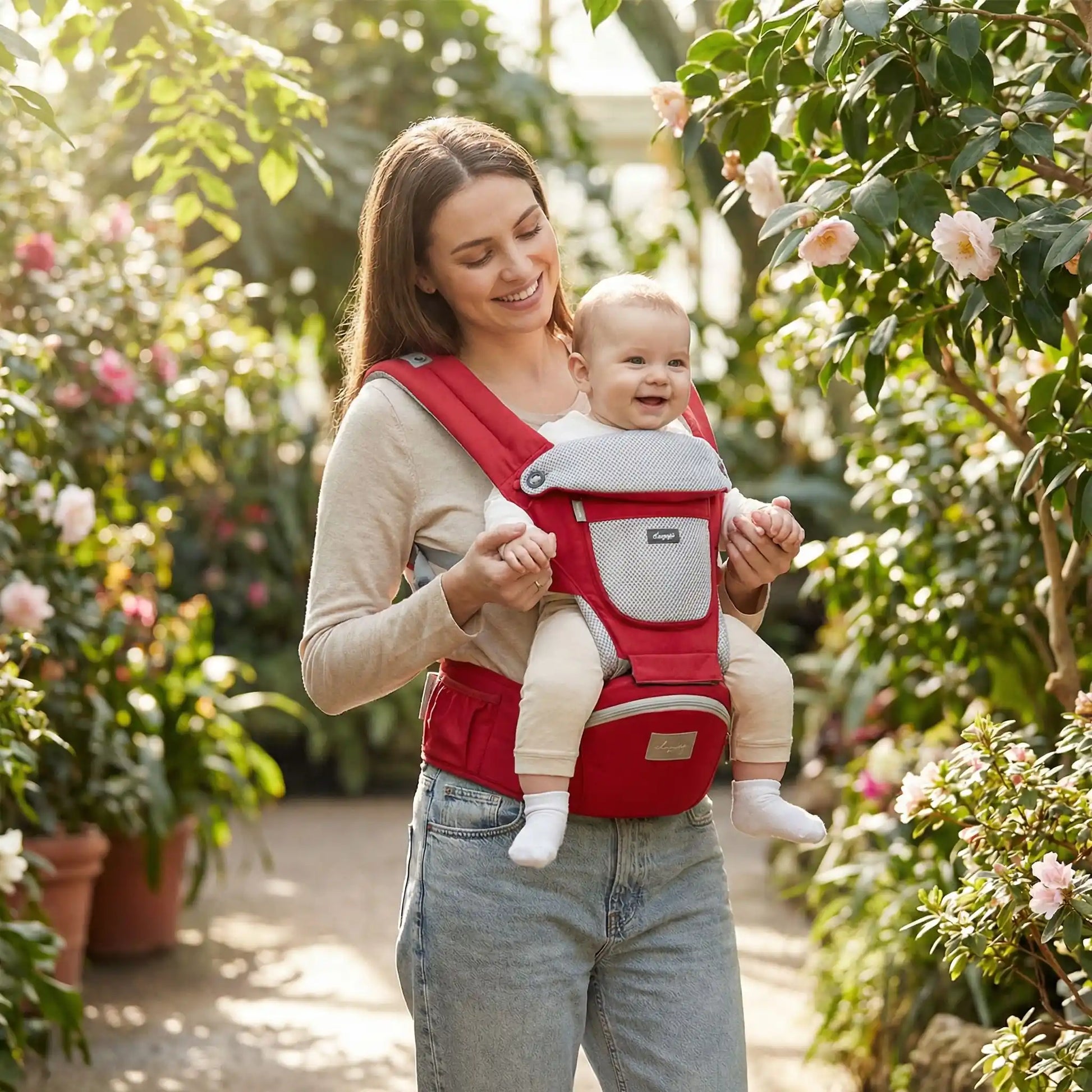 porte bebe maman bébé jardin cocon rouge