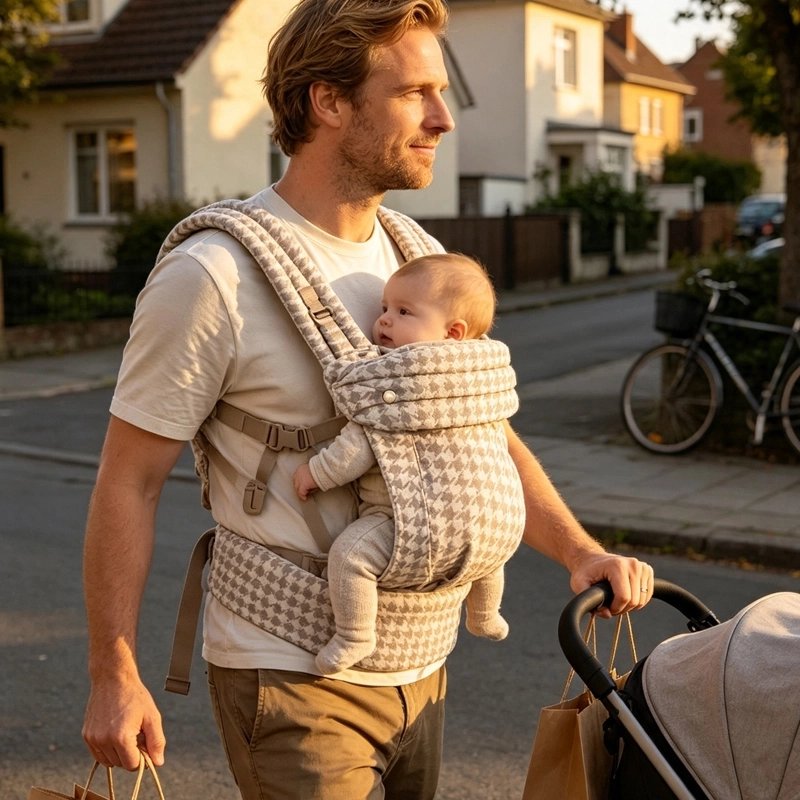 Porte bébé voyage beige avec ceinture ventrale ajustable