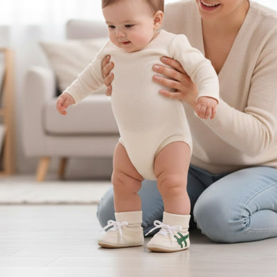 premiers pas de bébé dans ses chaussures bebe