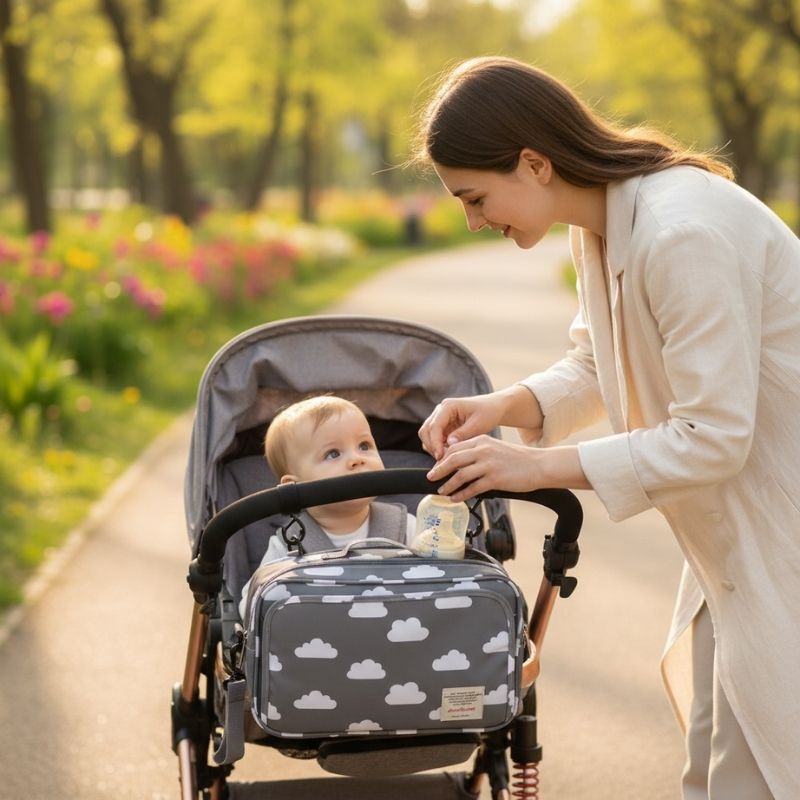 promenade au parc avec sac à langer