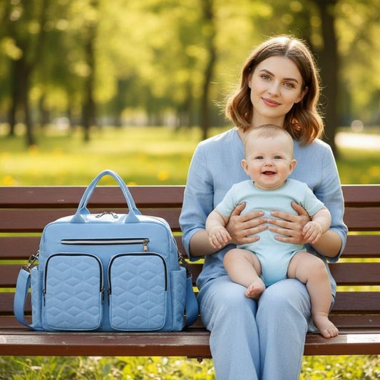 promenade maman bébé avec sac a langer bleu ciel
