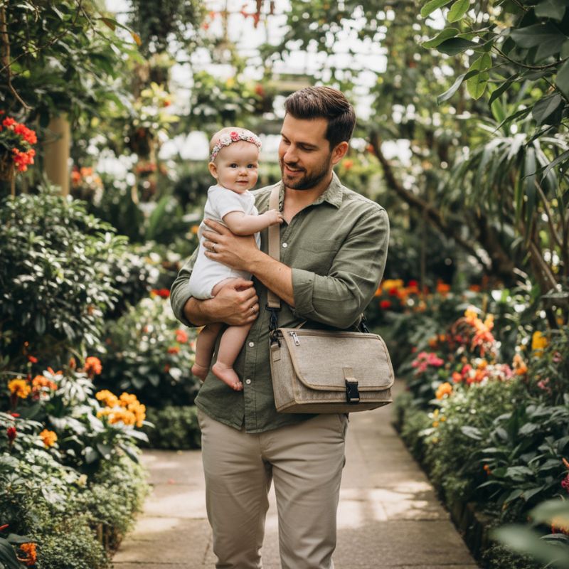 promenade papa bébé au parc avec sac à langer kaki