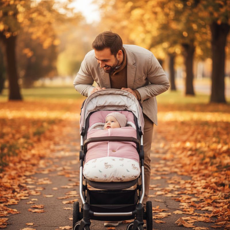 promenade papa bébé dans chanceliere pour poussette rose