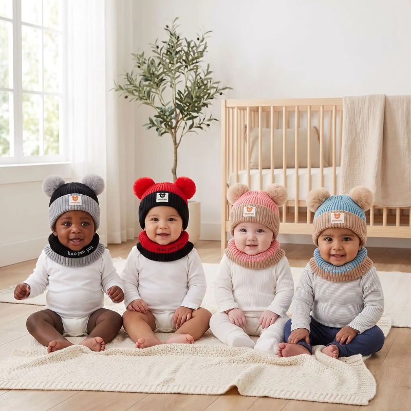 quatre variantes bonnet hiver bebe rouge avec protection hivernale