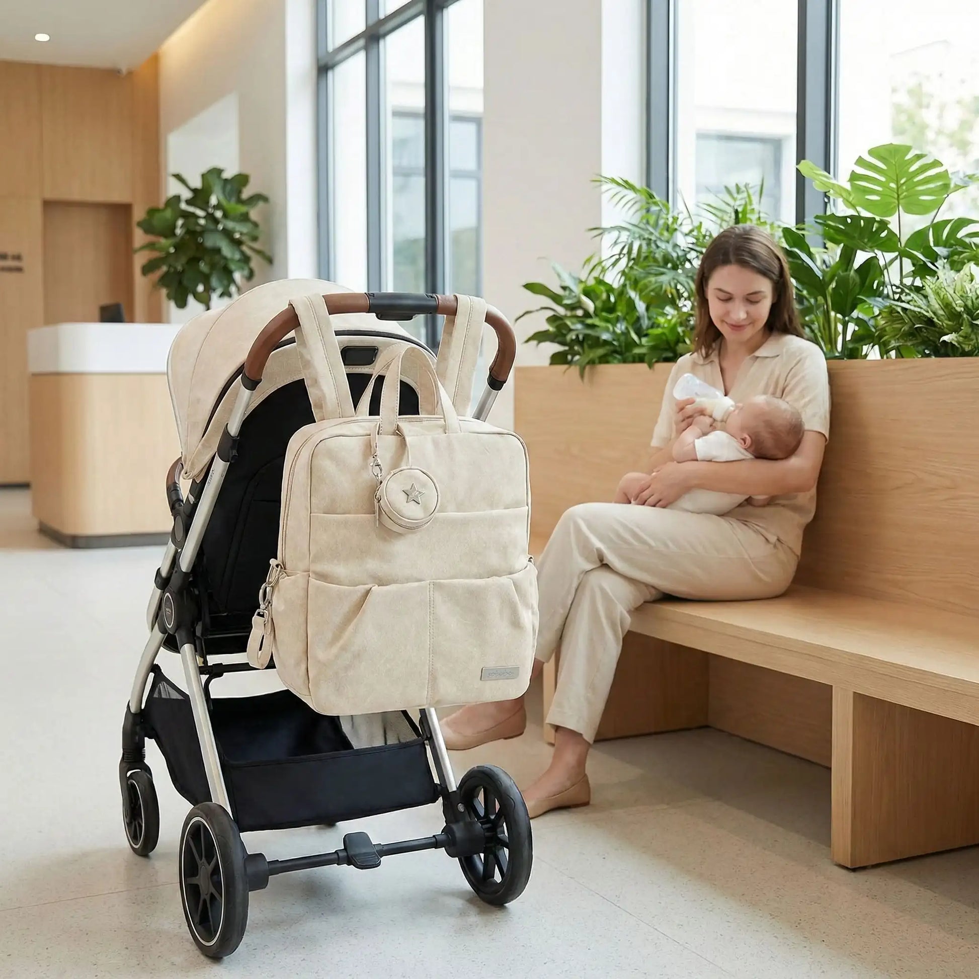 sac à langer à dos accroché poussette et maman nourrissant bebe mashia beige 