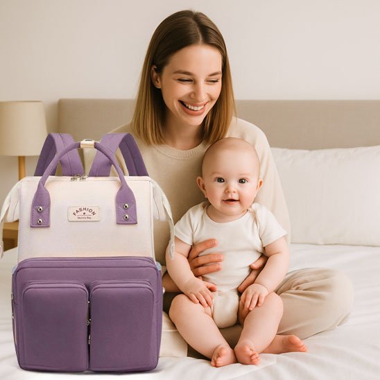 sac à dos à langer avec maman et bébé heureux mamaluxe mauve