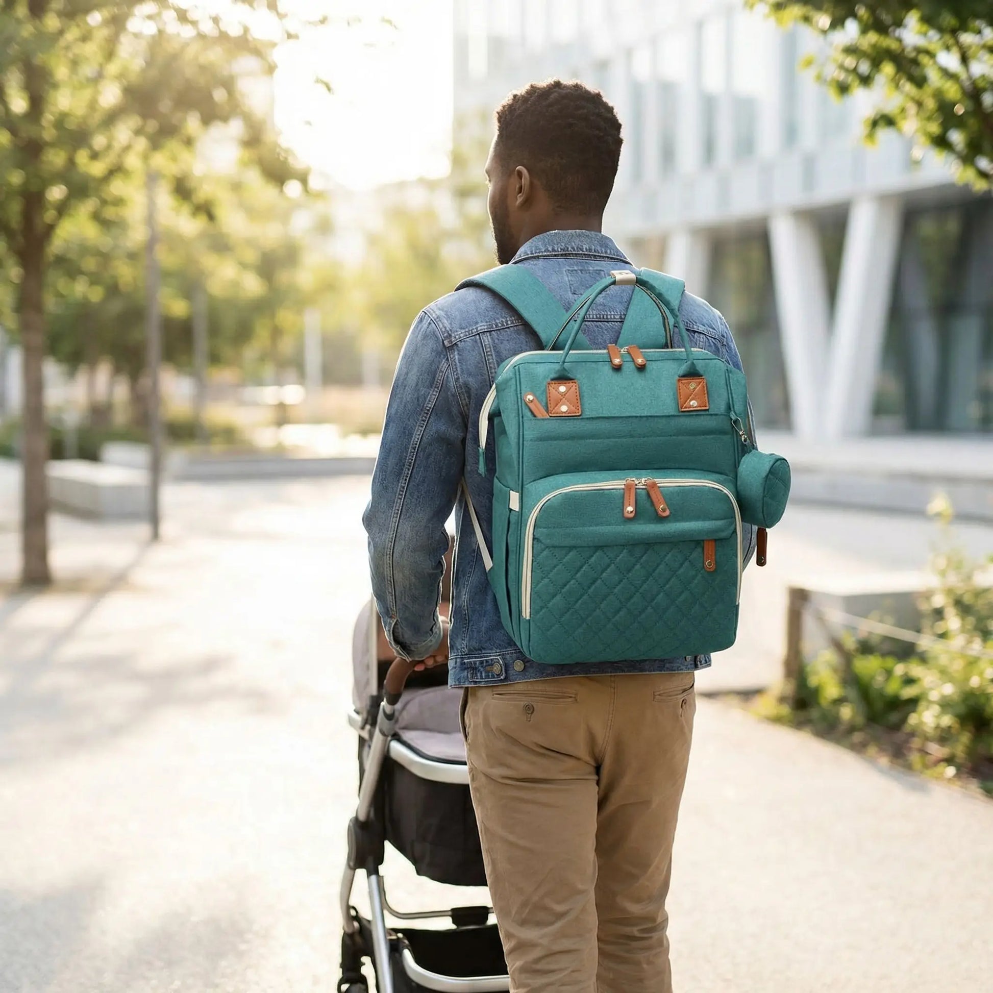 sac à dos à langer papa avec bébé moment ludique flexibag vert