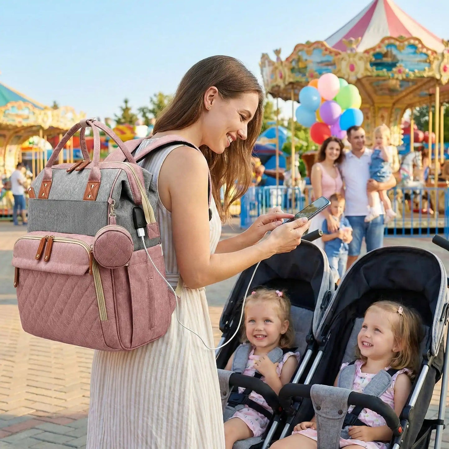 sac à dos à langer sortie familiale flexibag gris rose