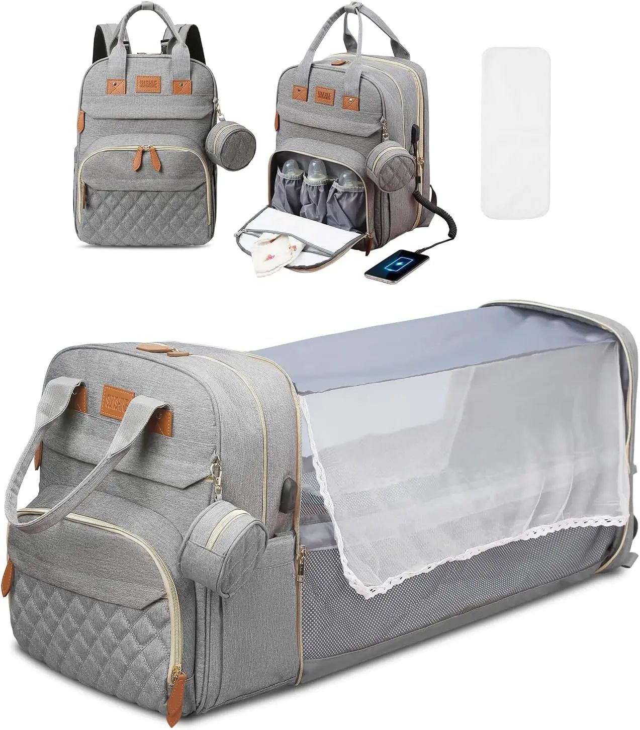 sac à dos à langer transformable avec matelas nomadi gris