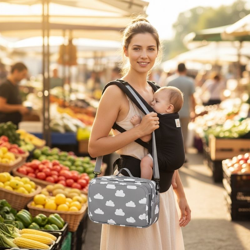 sac à langer avec sangles pratique au marché avec bébé