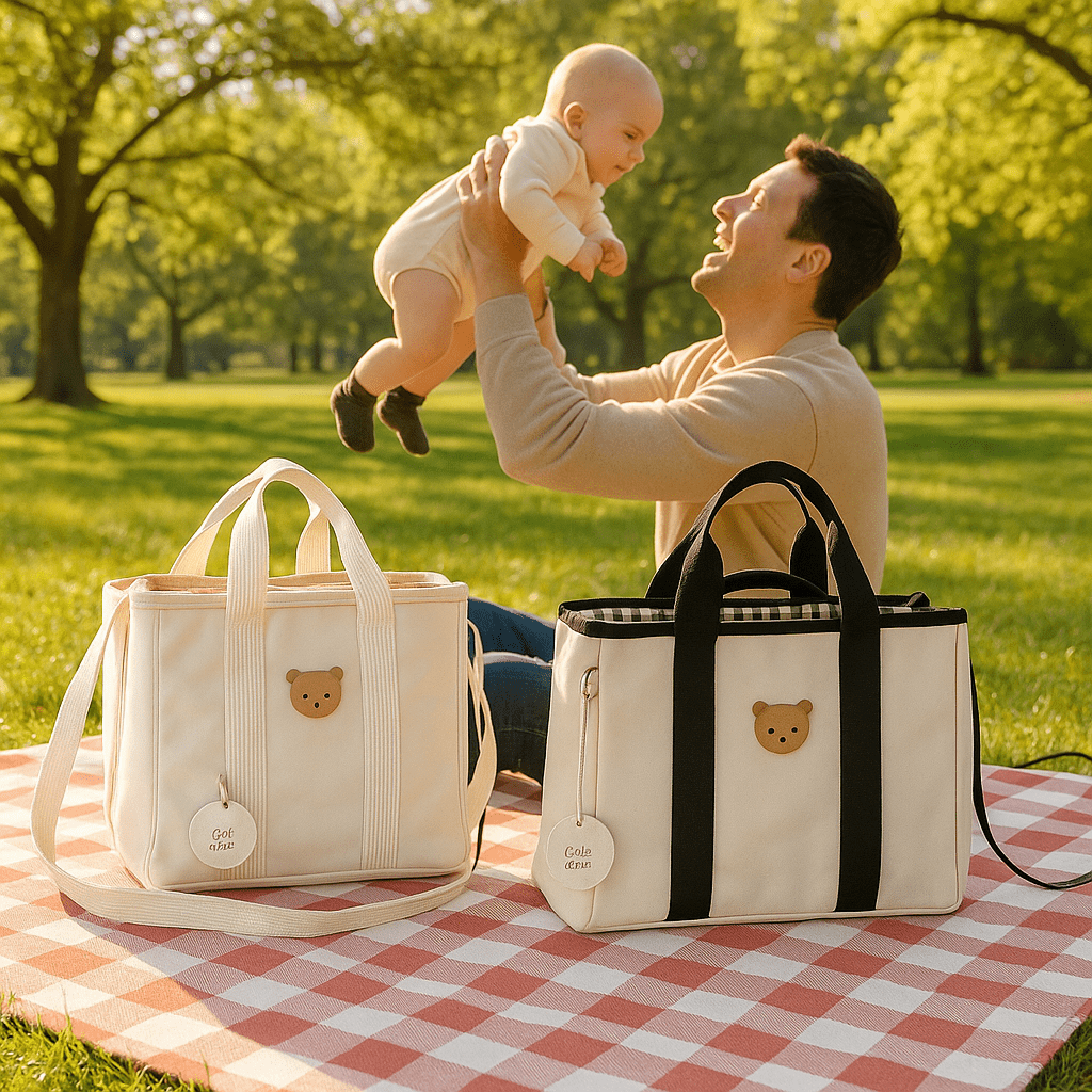 sac a langer bebe blanc noir avec papa souriant bébé