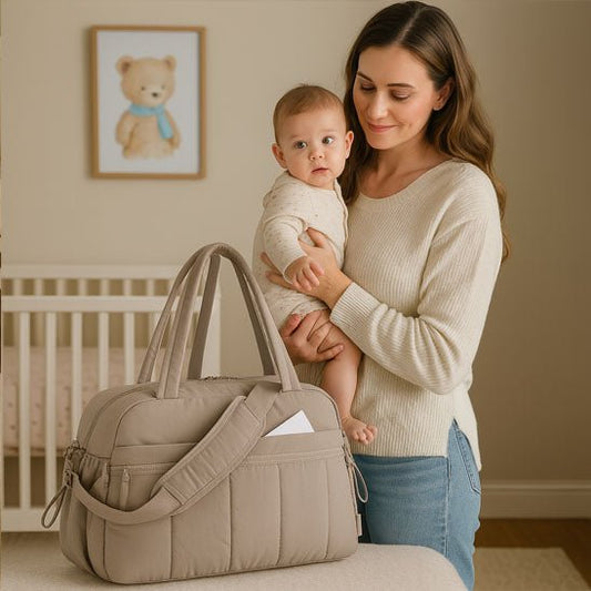 sac a langer beige avec maman tenant debout bébé
