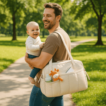 sac a langer beige papa parc avec bébé