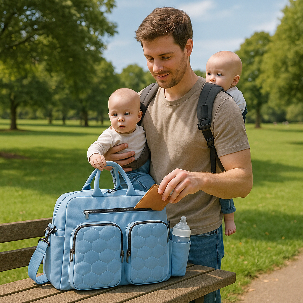 sac a langer bleu ciel multicompartiment papa avec jumeaux parc