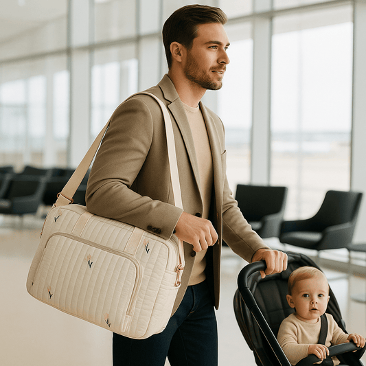 papa portant sac a langer et bébé en poussette élégance brodé fleurs