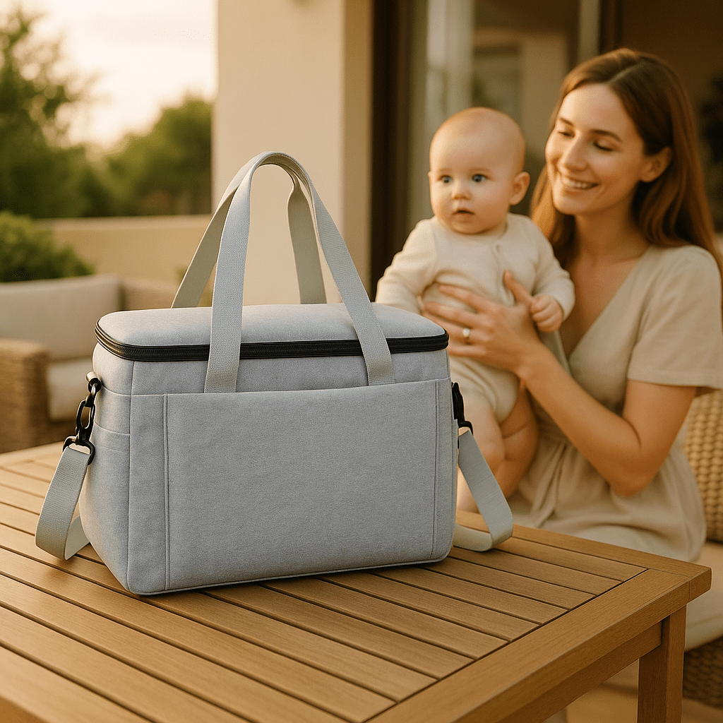 sac à langer ergobaby gris pour sortie terrasse