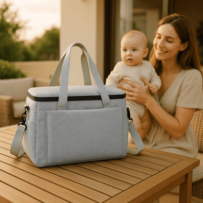 sac à langer ergobaby gris pour sortie terrasse