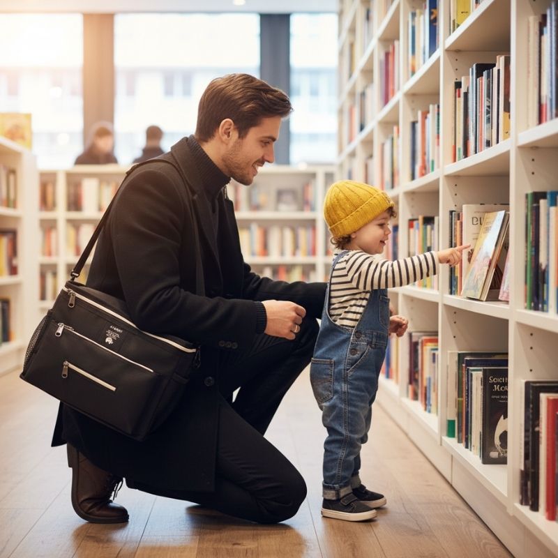 sac à langer noir pratique au bibliothèque 