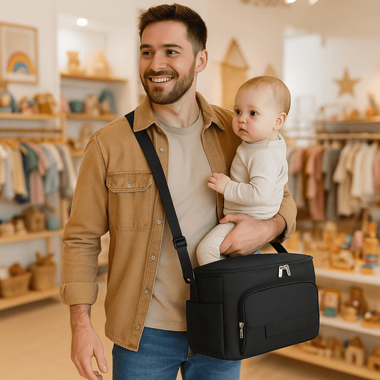 papa avec bébé sac à langer boutique