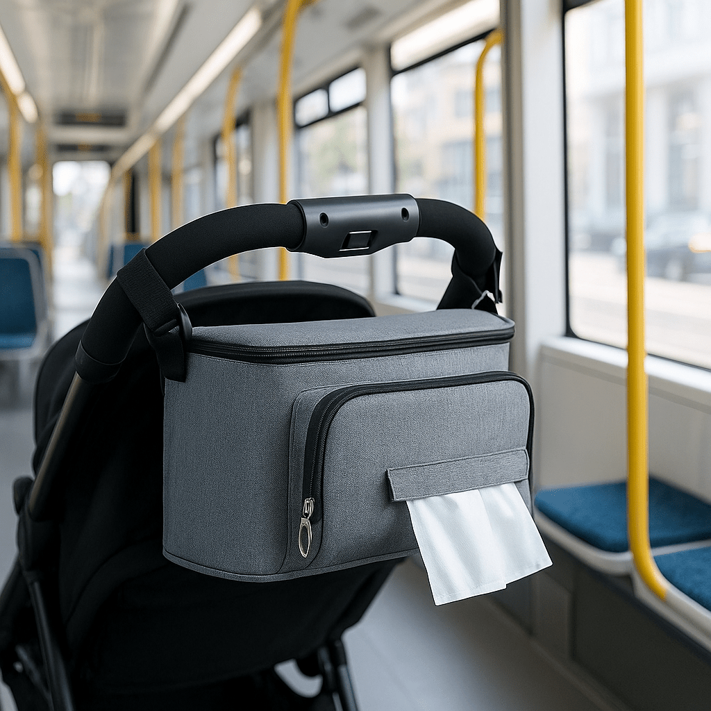 sac à langer gris avec poussette