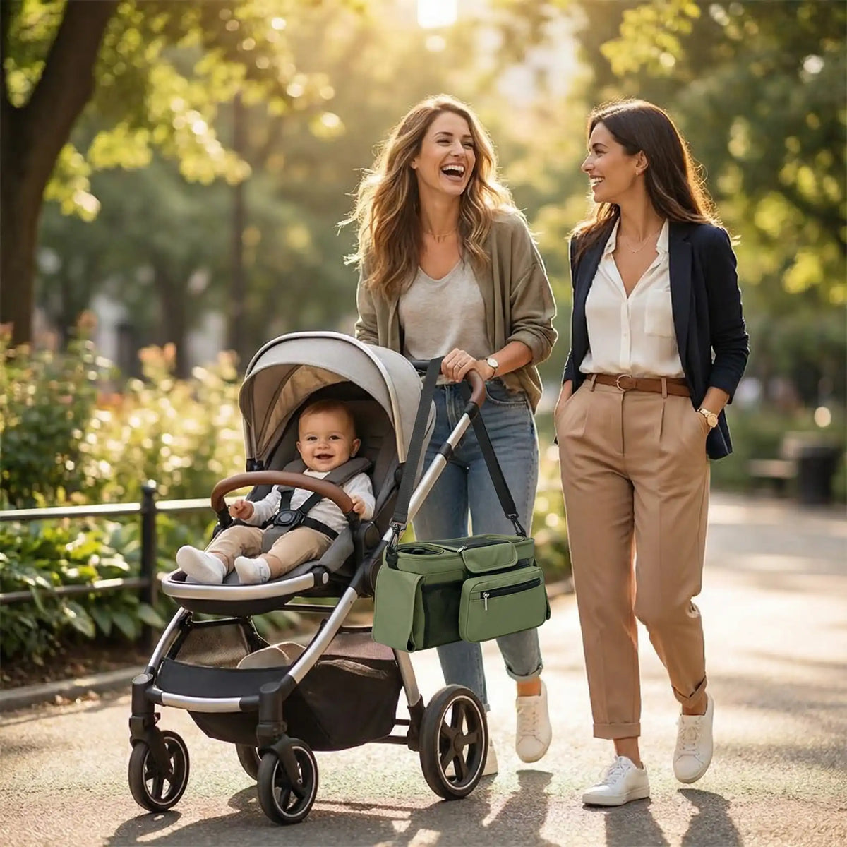 sac à langer vert pour poussette pendant promenade en famille