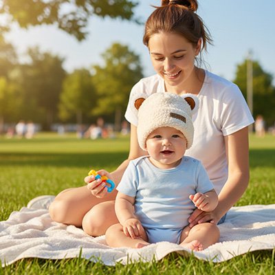 sortie familiale au parc avec bonnet bebe moelleux