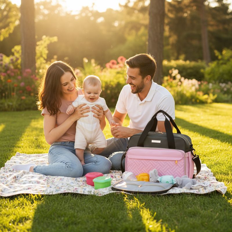 sortie familiale parc avec sac a langer rose