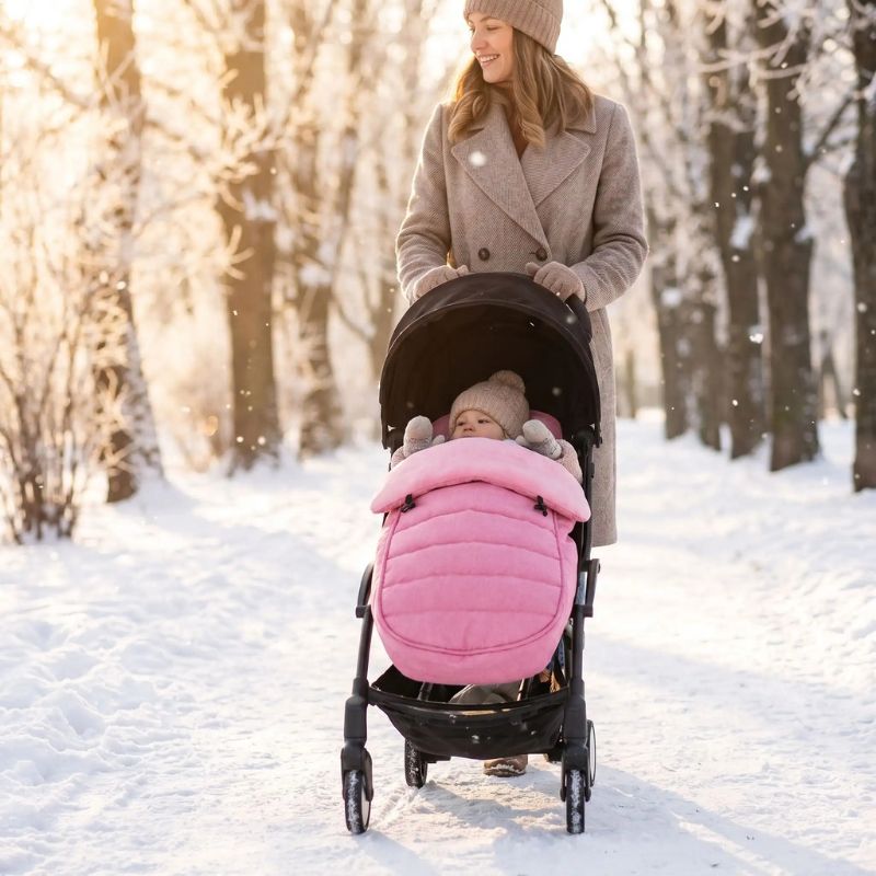 sortie hivernale avec maman et bébé dans chanceliere pour bebe