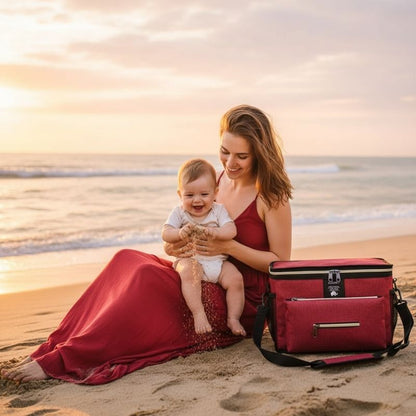 sortie plage avec sac à langer babygo rouge 