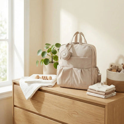 vue frontale sac à langer à dos mashia beige